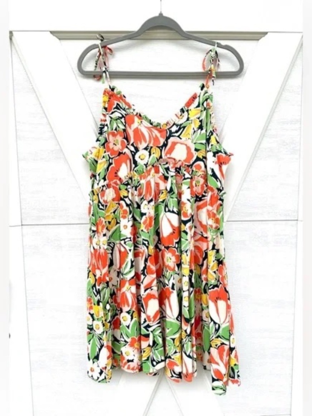 Floral Sleeveless Mini Dress - Coral, Green, White
